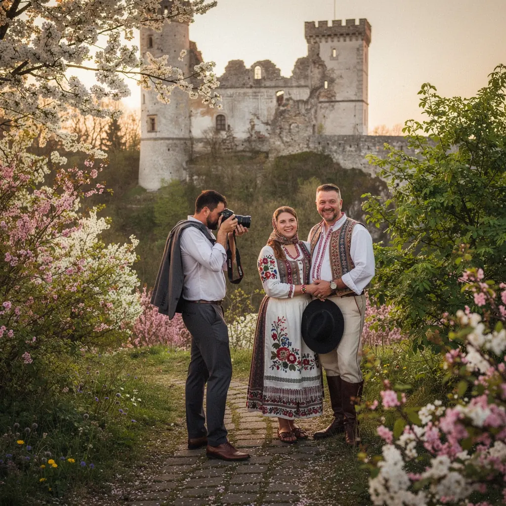 A scenic view of a traditional Slovak village with blossoming gardens in spring.