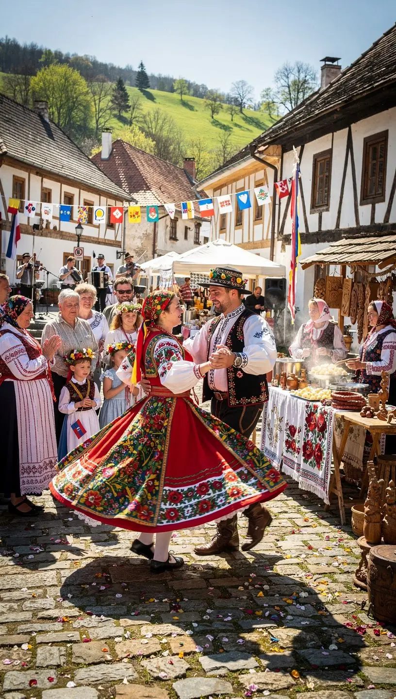 A picturesque landscape of blooming cherry trees in a Slovakian countryside.