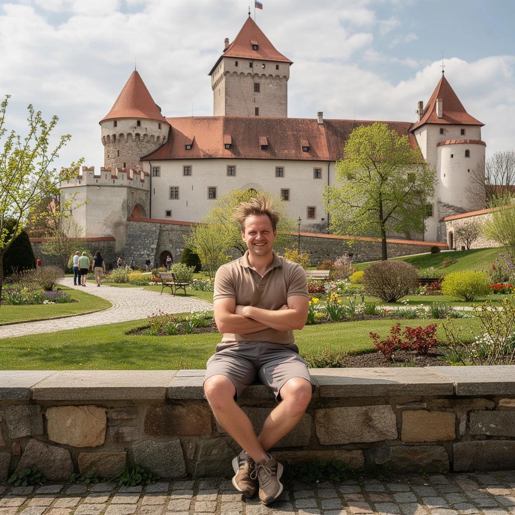 Cyclists riding along a winding road lined with lush greenery and spring blossoms.