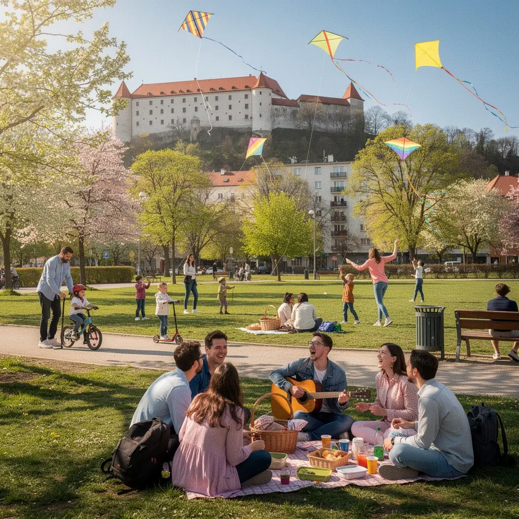 A picturesque landscape of blooming cherry trees in a tranquil Slovak valley during springtime.